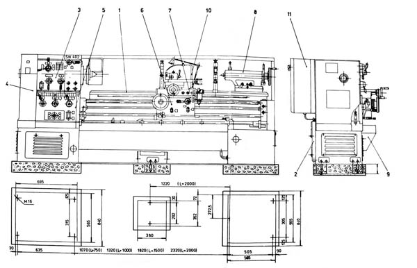 Розташування складових частинин токарно-гвинторізного верстата SN-402, SN-502 SN-402, SN-502 Розташування складових частинин токарно-гвинторізного верстата